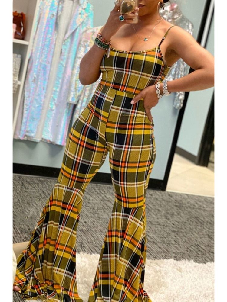 Combinaison Pour Femmes À Carreaux Western À Carreaux Taille Haute Bellbottoms