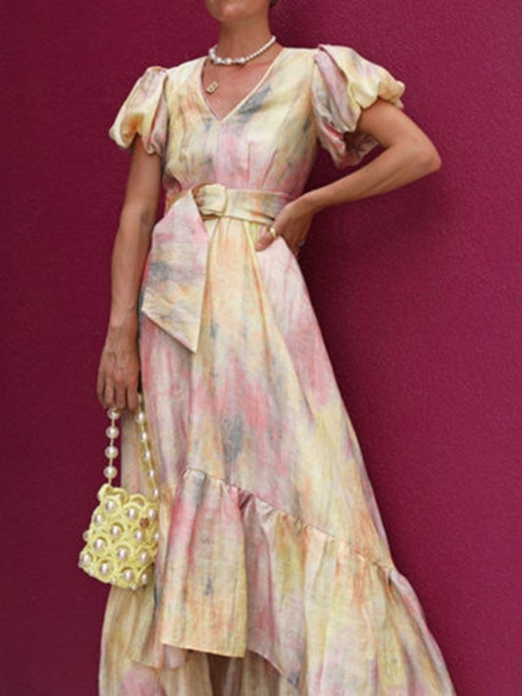 Robe Asymétrique À Blocs De Couleur Asymétrique À Manches Courtes Et À Col En V Pour Femmes