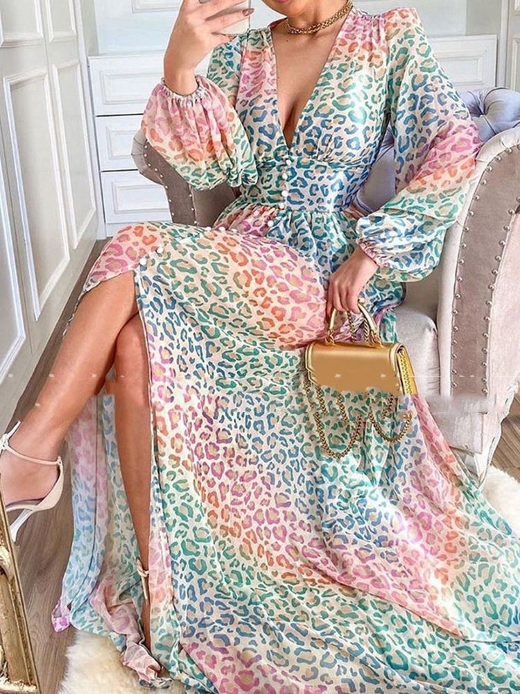 Robe D'expansion Décontractée À Manches Longues Et Col En V Pour Femmes