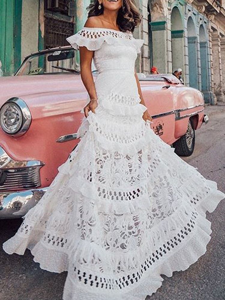Robe D'expansion Unie En Dentelle À Épaules Dénudées Pour Femmes