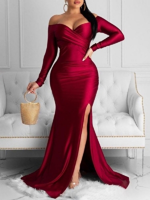 Robe D'hiver Unie À Manches Longues Et Col En V Pour Femmes