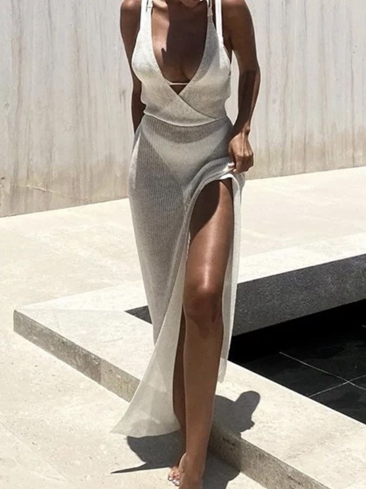 Robe Femme Unie Sans Manches À Col En V Fendu