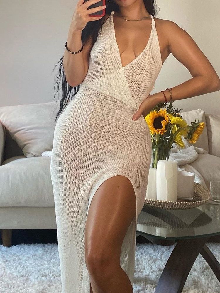 Robe Femme Unie Sans Manches À Col En V Fendu