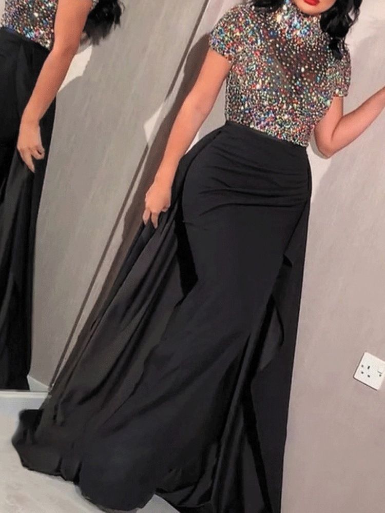 Robe Pour Femmes Régulières Toutes Saisons À Manches Courtes Et À Paillettes Au Sol