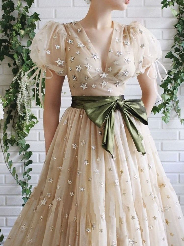 Robe Géométrique Pour Femmes À Manches Bouffantes Et À Col En V Longueur Au Sol
