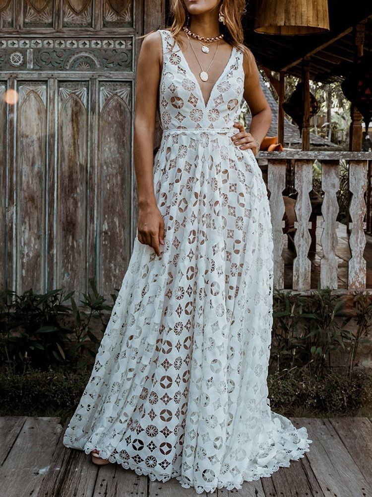 Robe Longue Blanche Sans Manches À Col En V Pour Femmes