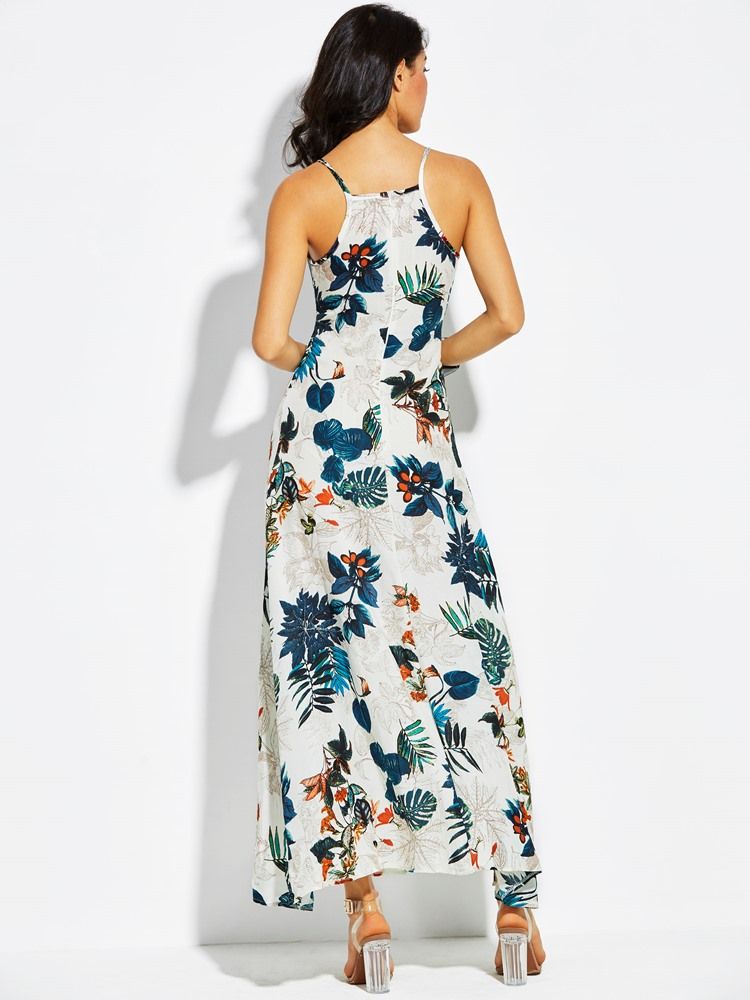 Robe Longue À Imprimé Végétal À Bretelles Spaghetti Et Col En V Pour Femme