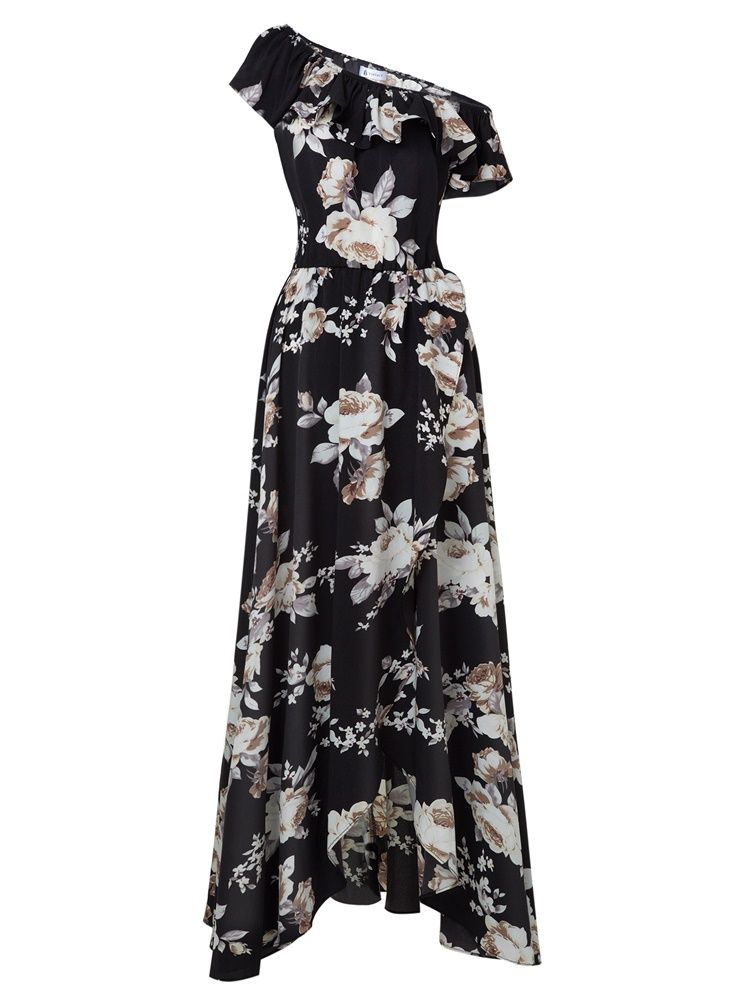 Robe Longue Imprimée À Volants Et Col Oblique Pour Femmes
