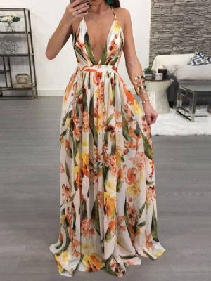 Robe Pull Imprimée À Col En V Et Longueur Au Sol Pour Femmes