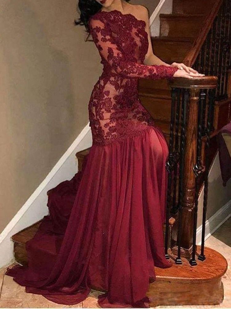 Robe Toutes Saisons À Une Épaule En Dentelle Avec Col Oblique Et Longueur Au Sol Pour Femmes
