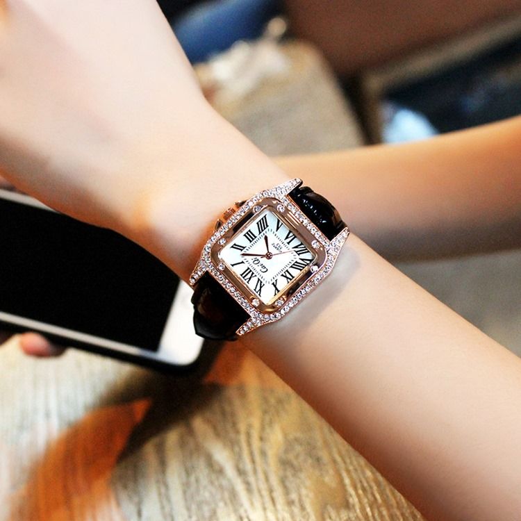 Montre Carrée En Pu Avec Strass Pour Femme