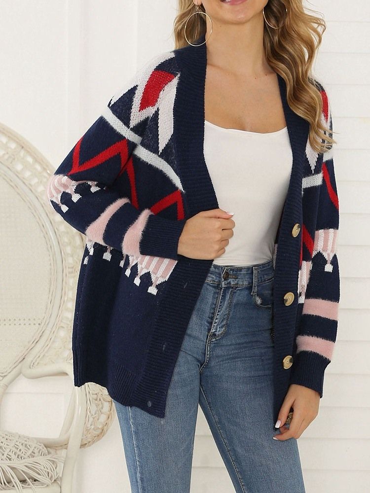 Cardigan Ample À Col En V Et Patchwork Régulier Pour Femmes