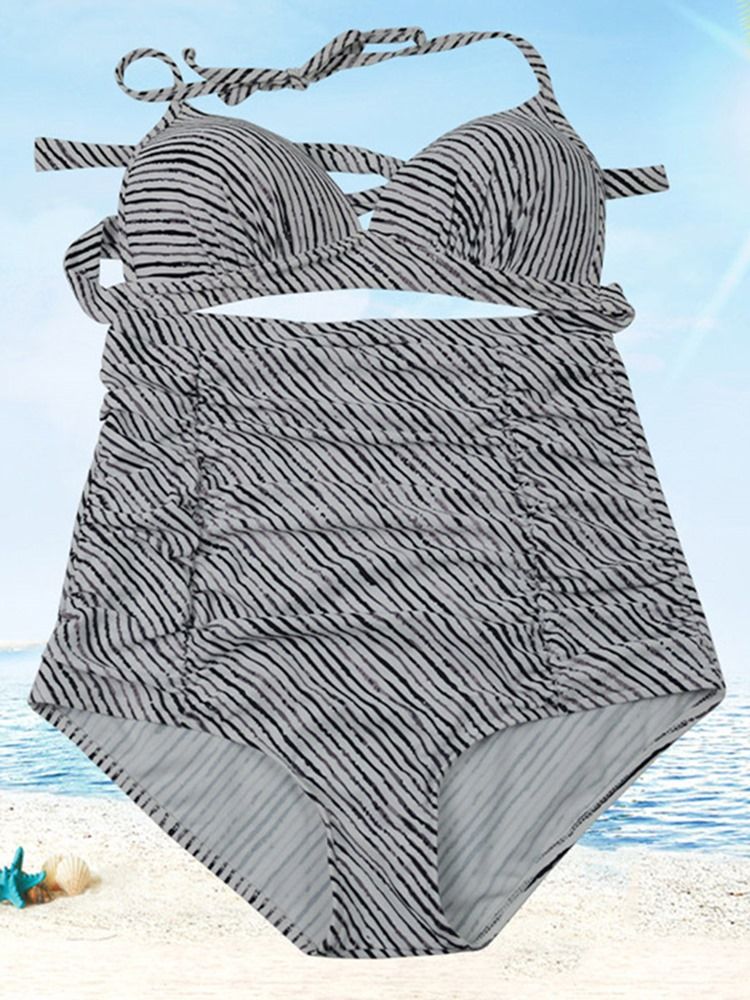 Ensemble De Bikini Plissé À Lacets Et À Rayures Pour Femmes