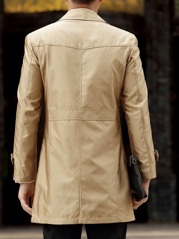 Trench-coat Décontracté Mi-long À Revers Boutonné Pour Hommes