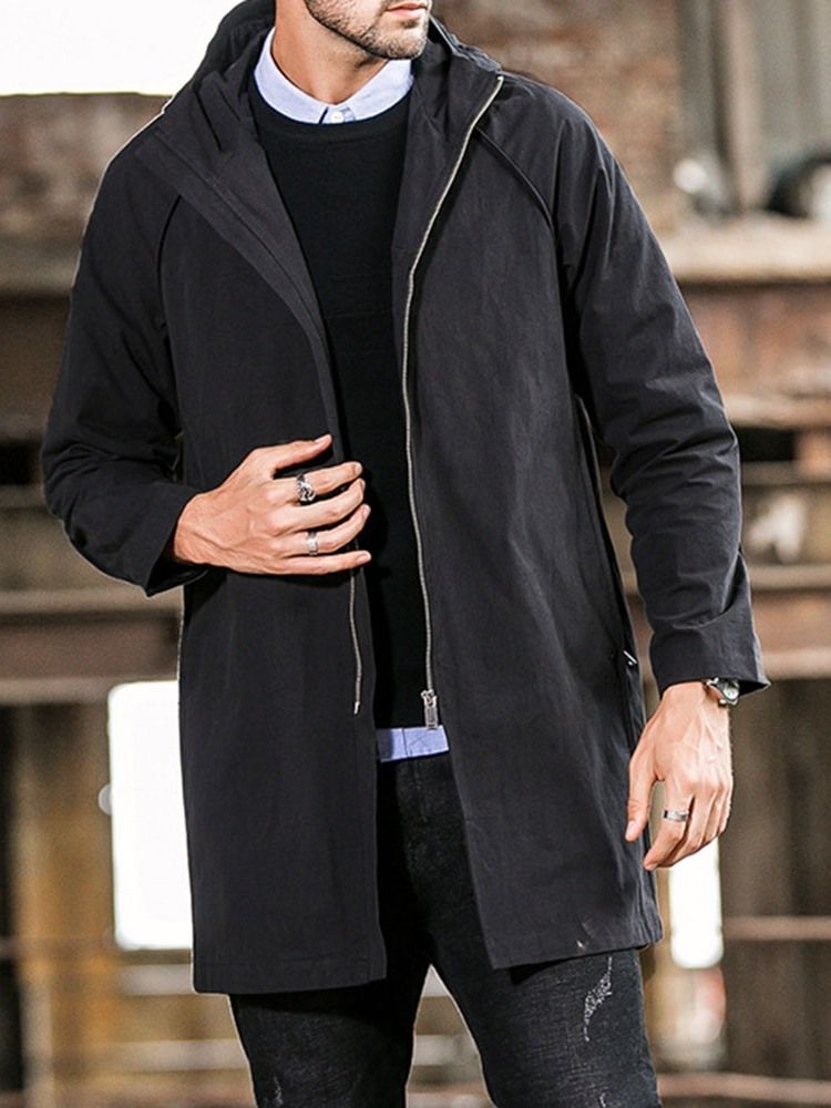 Trench-coat Uni À Capuche Mi-long Décontracté Pour Hommes