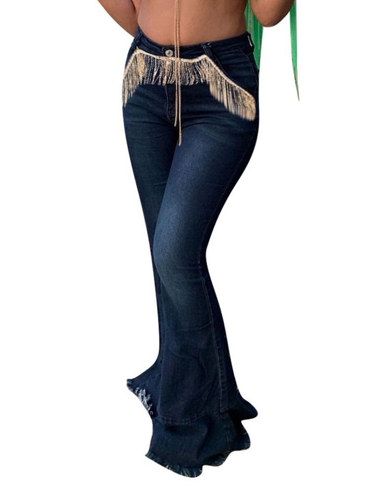Jean Slim Taille Haute À Taille Haute Et Pompons Pour Femmes