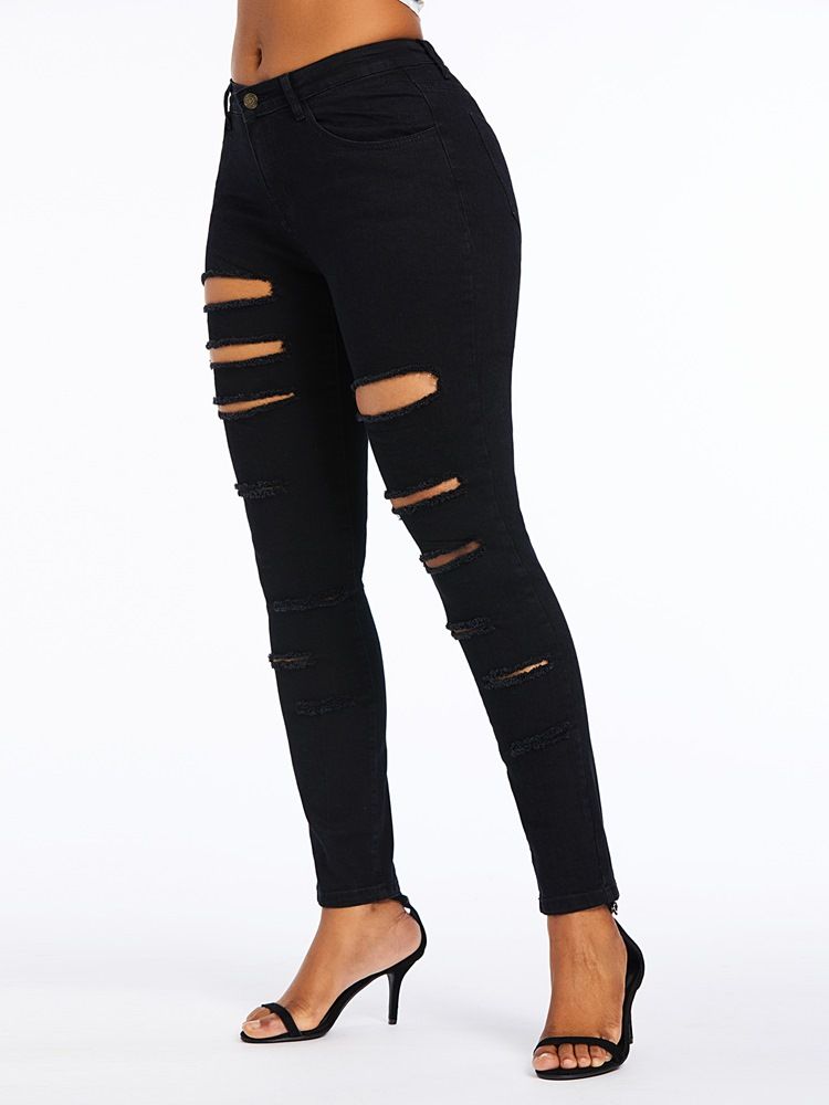 Jeans À Fermeture Éclair À Taille Haute Et Trou Déchiré Pour Femmes