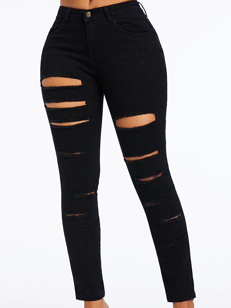Jeans À Fermeture Éclair À Taille Haute Et Trou Déchiré Pour Femmes