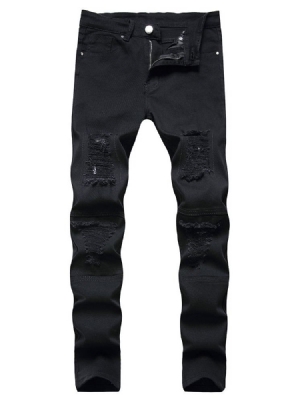 Jeans Pour Hommes Décontractés À Glissière Droite Unie À Trou