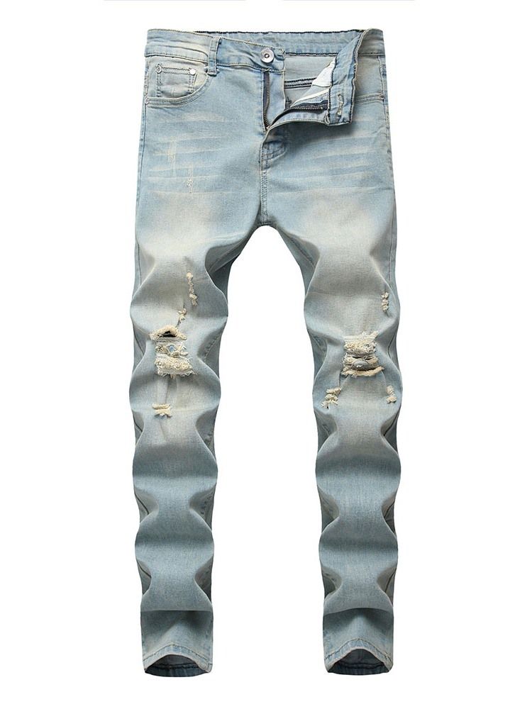 Jeans Pour Hommes Européens À Fermeture À Glissière Droite Unie Usé