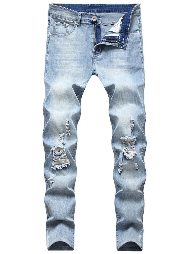 Jeans Pour Hommes Européens À Fermeture À Glissière Droite Unie Usé