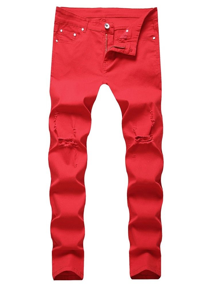 Jeans Pour Hommes Européens À Fermeture À Glissière Droite Unie Usé