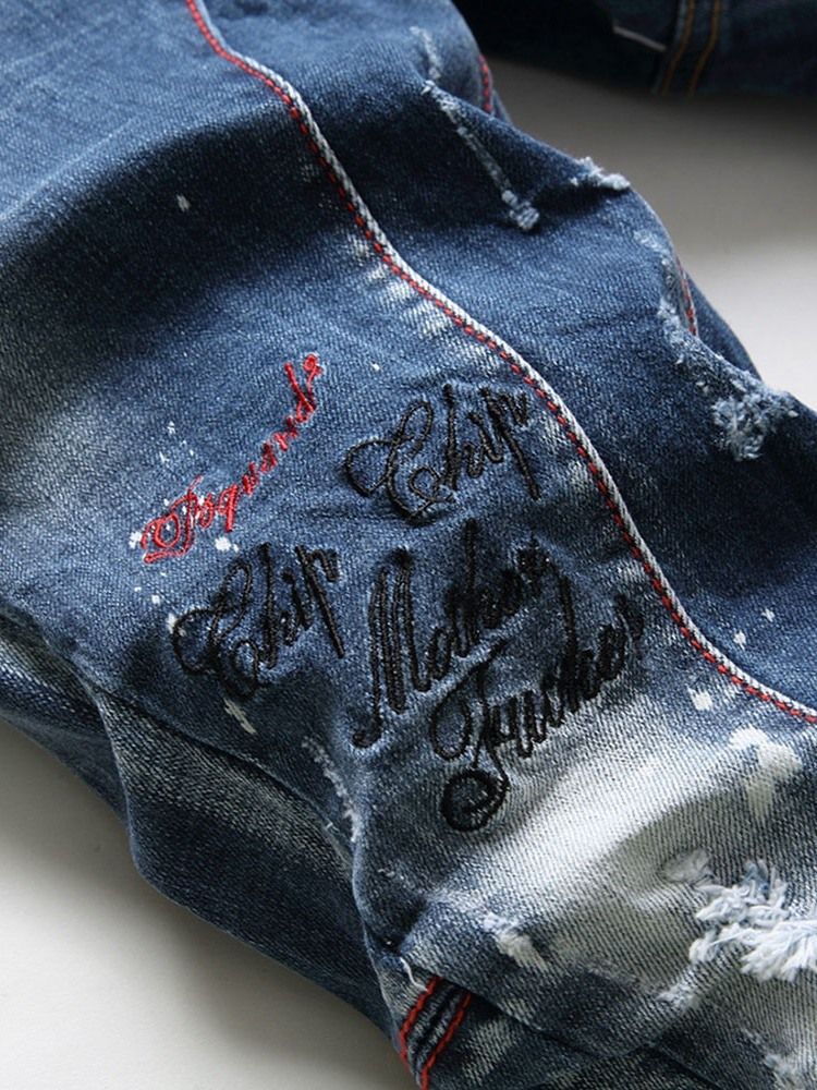Jeans Pour Hommes À Taille Moyenne Européenne Avec Lettre Imprimée
