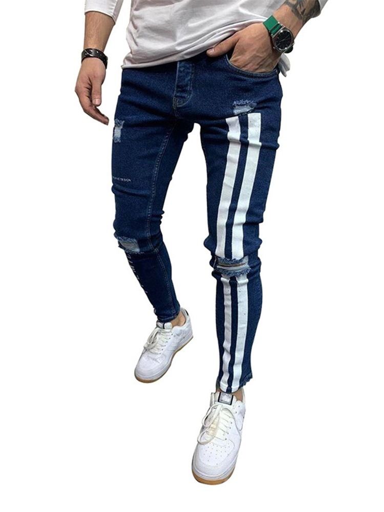 Pantalon Crayon Bloc De Couleur Patchwork Taille Moyenne Jeans Européens Pour Hommes