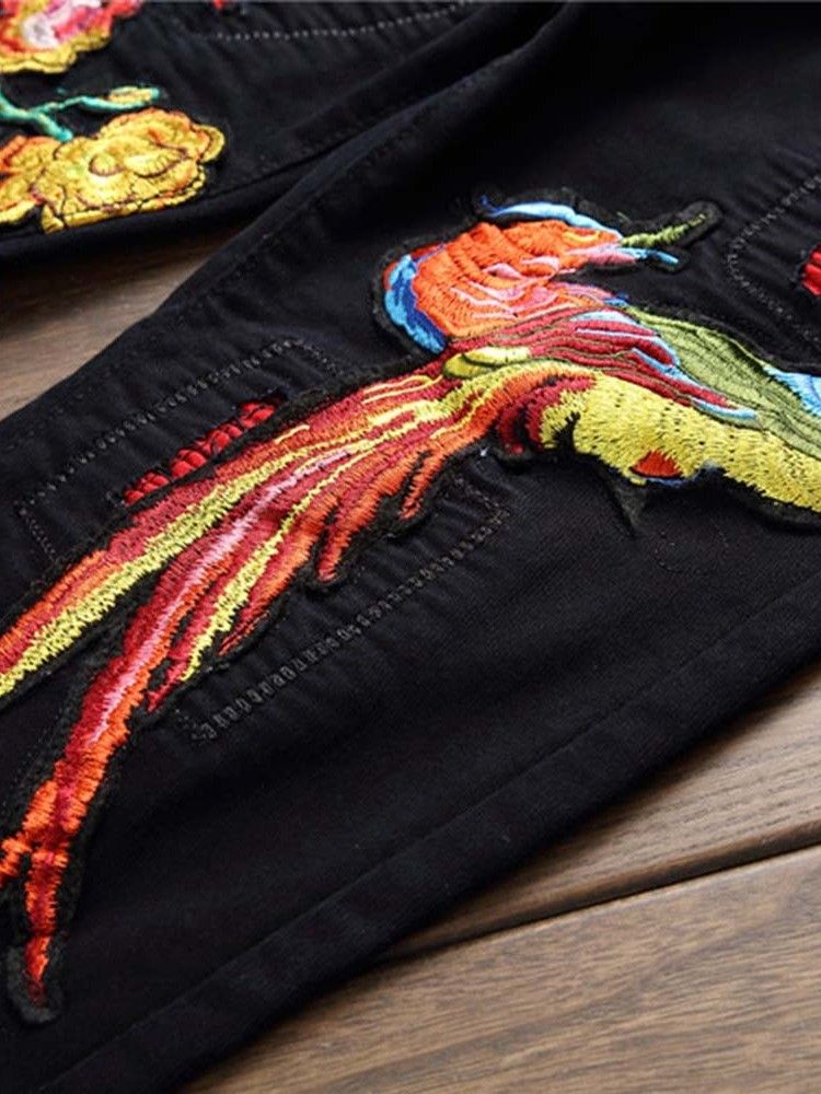 Pantalon Crayon Brodé Pour Hommes Jeans Taille Moyenne À Fermeture Éclair Florale