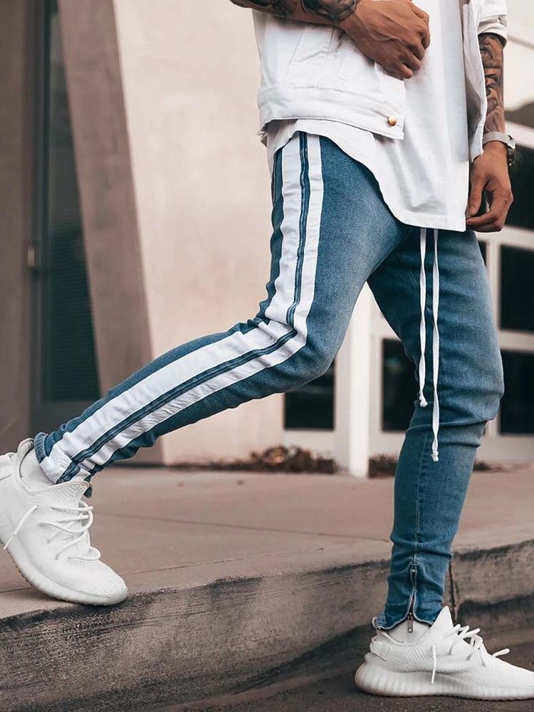Pantalon Crayon À Fines Rayures Jeans Décontractés À Lacets Pour Hommes