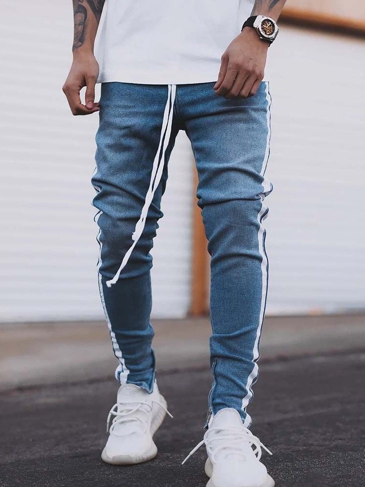 Pantalon Crayon À Fines Rayures Jeans Décontractés À Lacets Pour Hommes