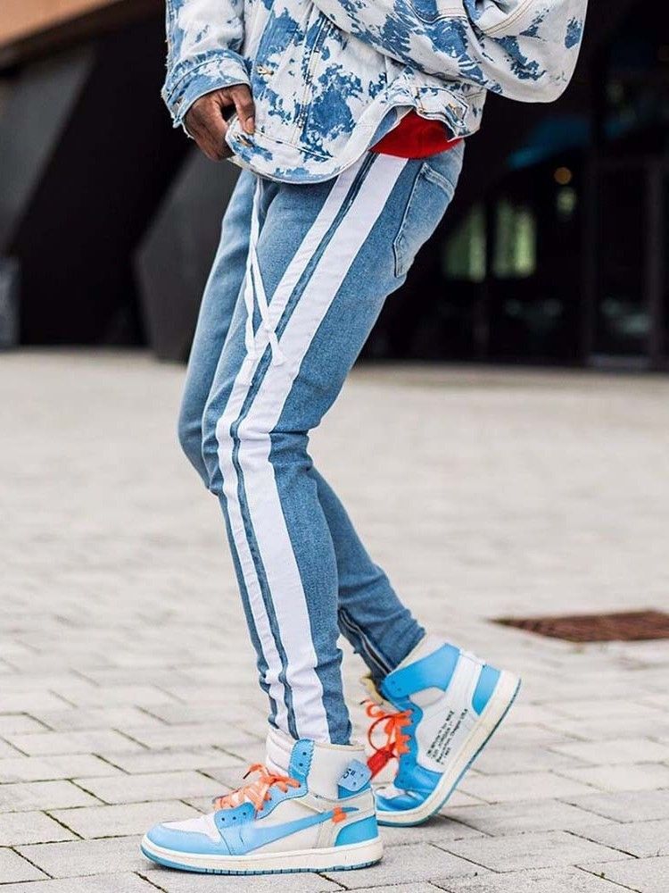 Pantalon Crayon À Fines Rayures Jeans Décontractés À Lacets Pour Hommes