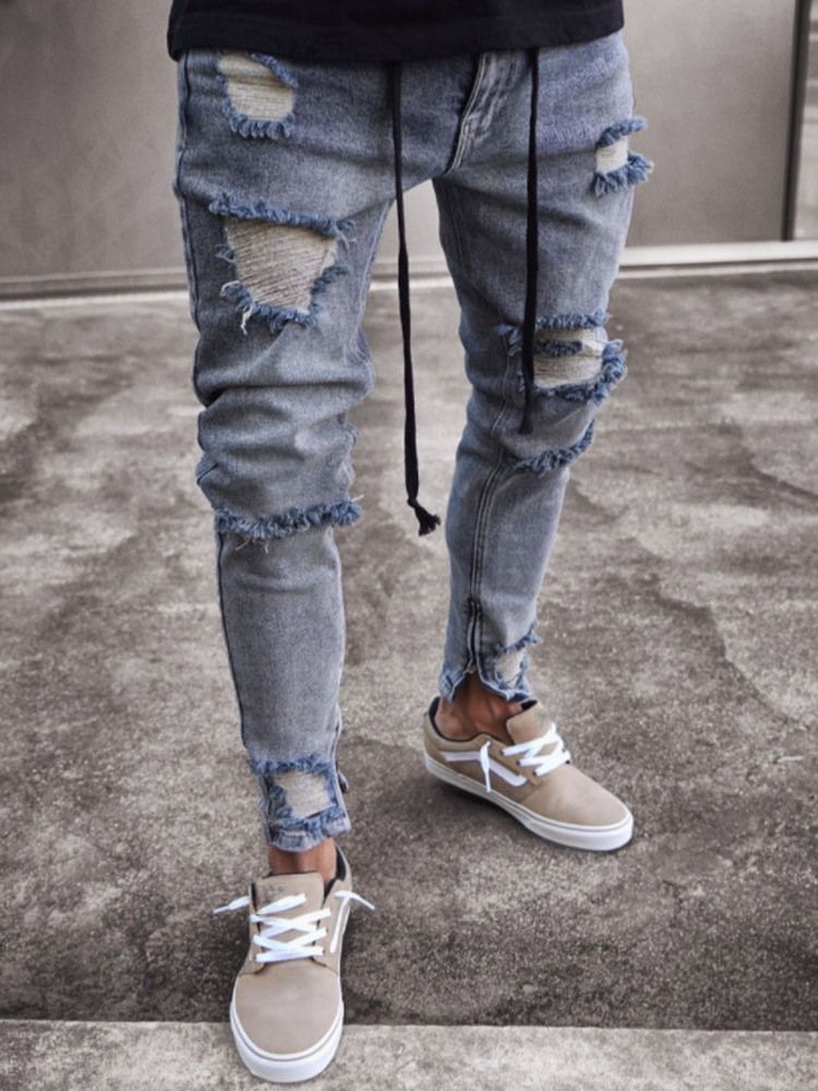 Pantalon Crayon Troué Jeans Décontractés Minces Taille Moyenne Pour Hommes