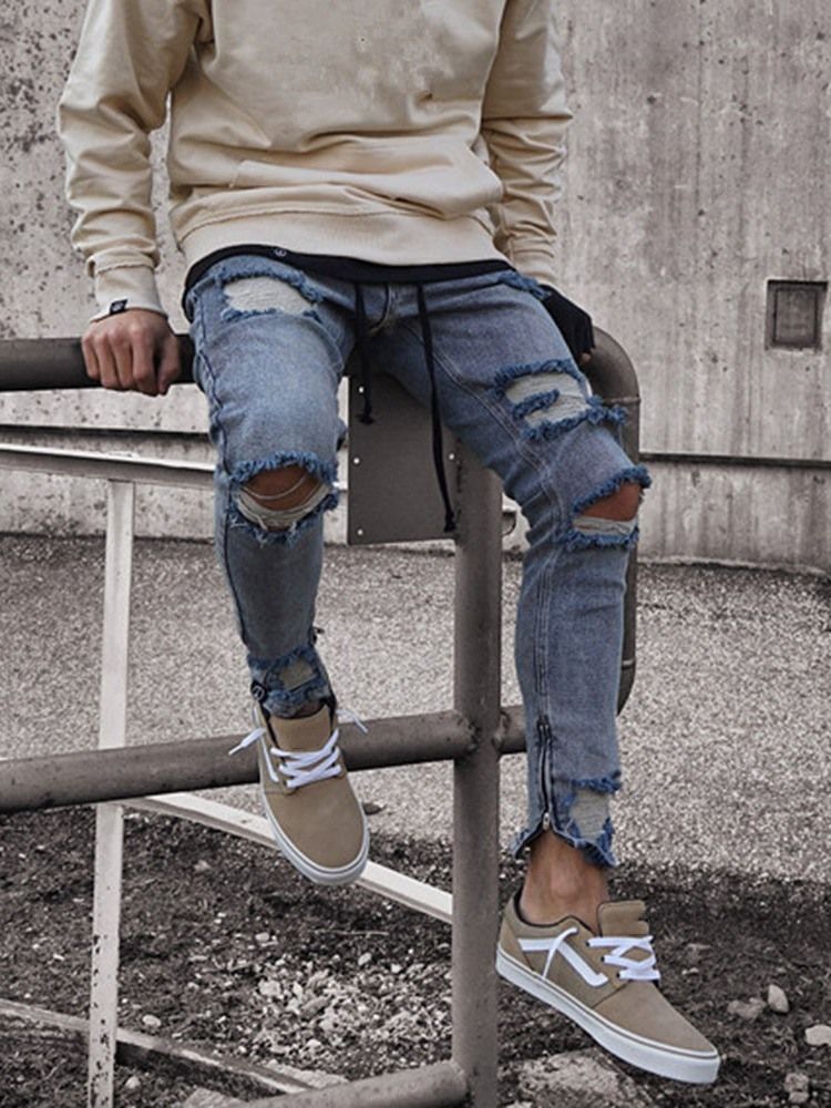 Pantalon Crayon Troué Jeans Décontractés Minces Taille Moyenne Pour Hommes