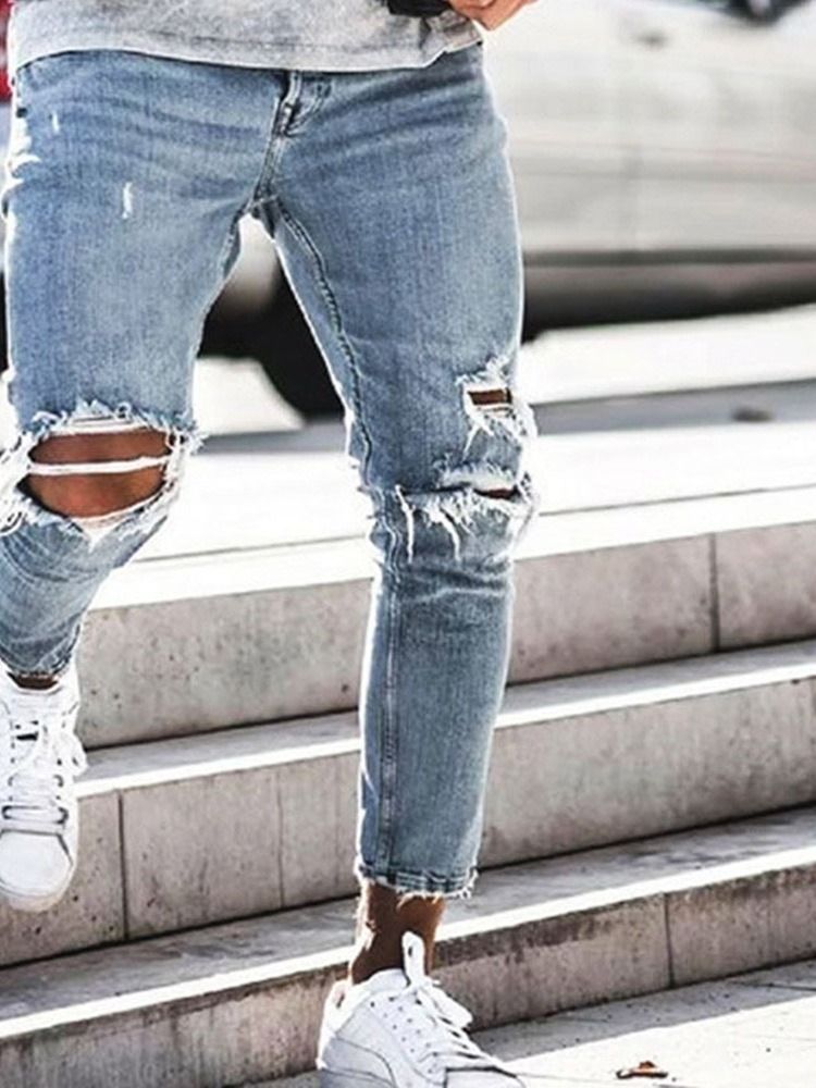 Pantalon Crayon Uni À Trou Taille Moyenne Jean Décontracté Pour Hommes