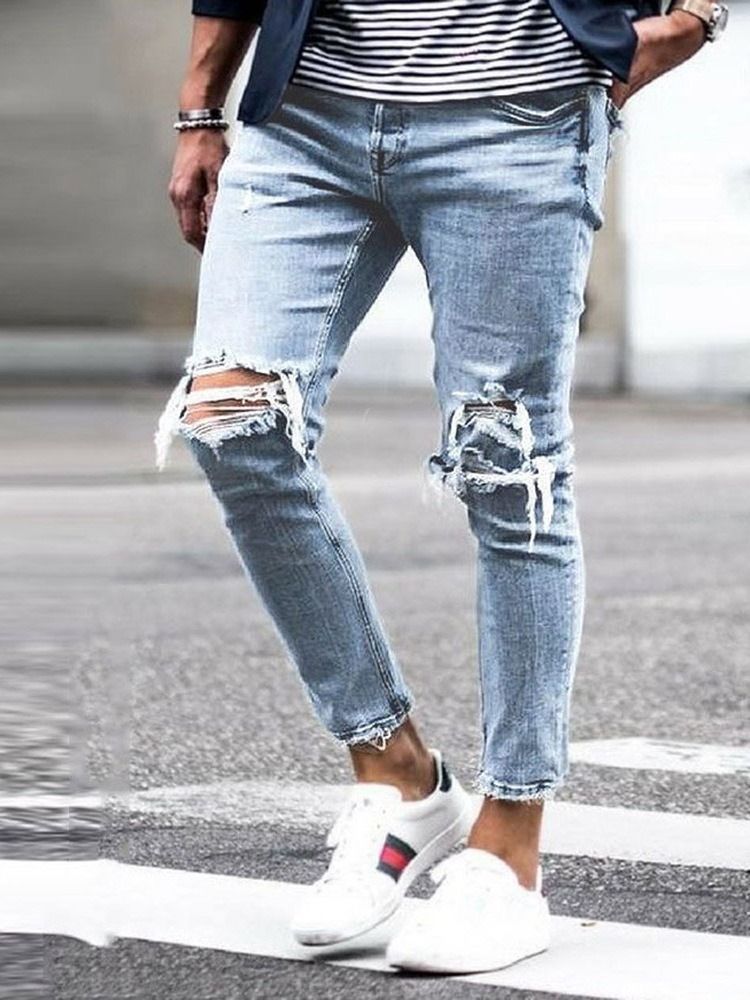 Pantalon Crayon Uni À Trou Taille Moyenne Jean Décontracté Pour Hommes