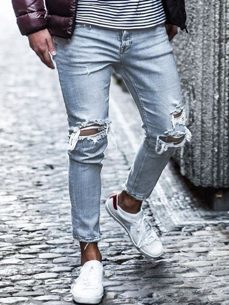 Pantalon Crayon Uni À Trou Taille Moyenne Jean Décontracté Pour Hommes