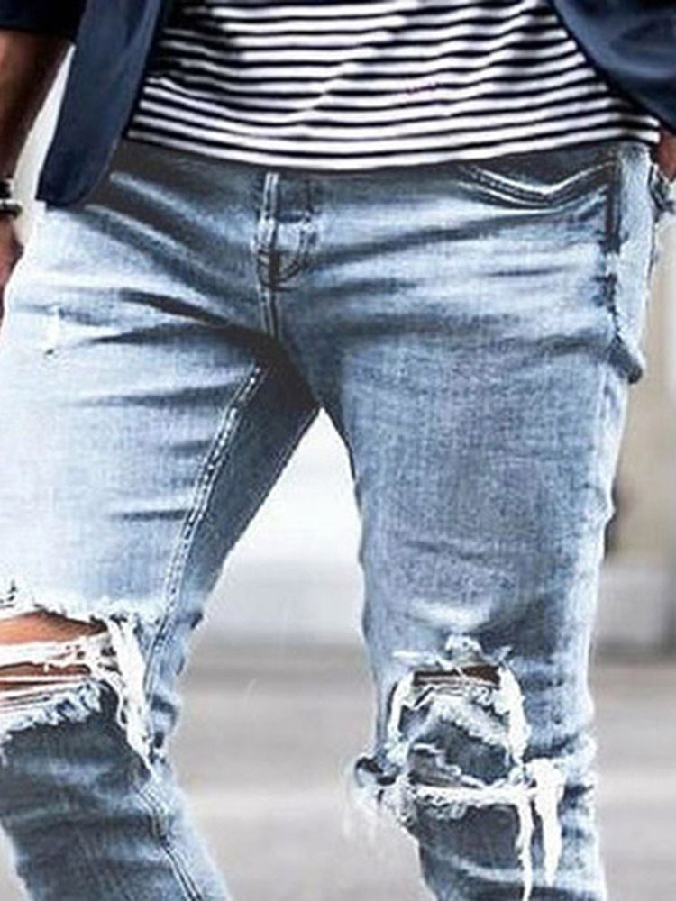 Pantalon Crayon Uni À Trou Taille Moyenne Jean Décontracté Pour Hommes