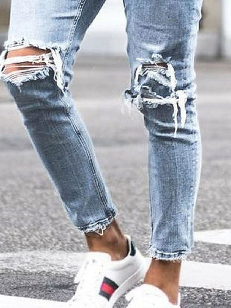 Pantalon Crayon Uni À Trou Taille Moyenne Jean Décontracté Pour Hommes