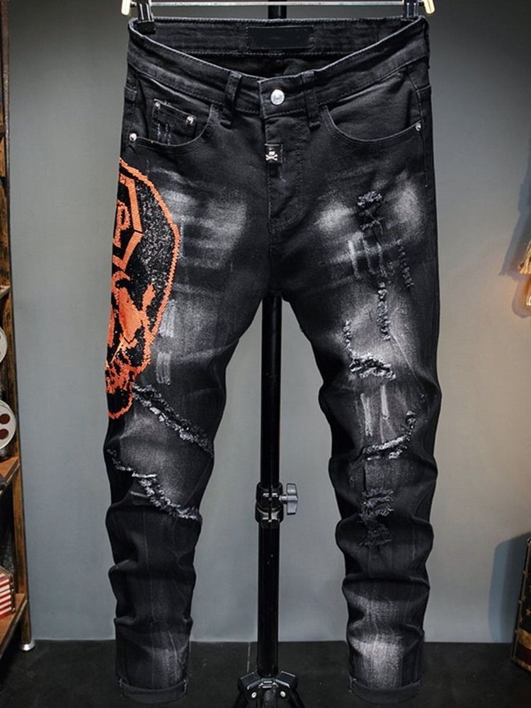Pantalon Crayon Usé Par Lettre Jeans Pour Hommes À Fermeture Éclair Européenne