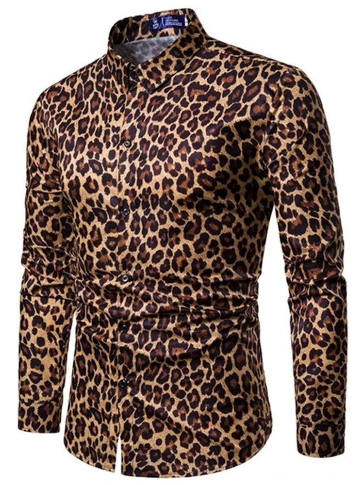 Chemise Slim Décontractée À Revers Léopard Pour Hommes