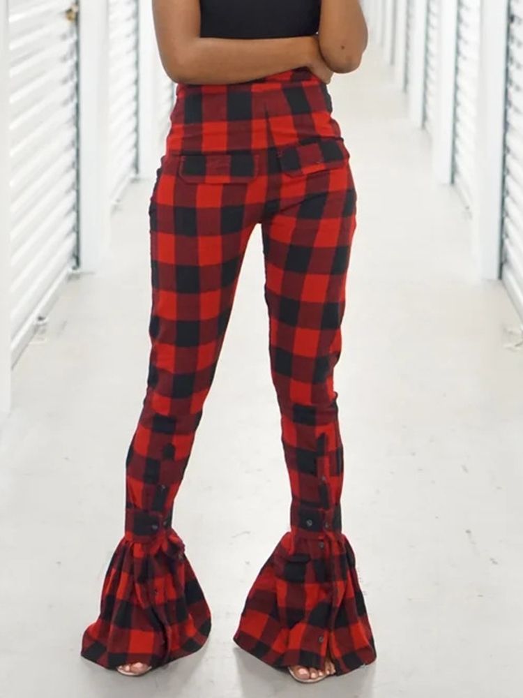 Pantalon Décontracté À Carreaux Taille Haute Pour Femmes
