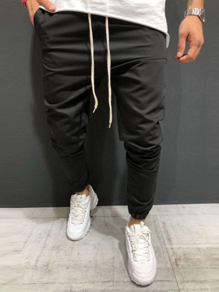 Pantalon Décontracté Pour Hommes À Lacets Uni Avec Poche