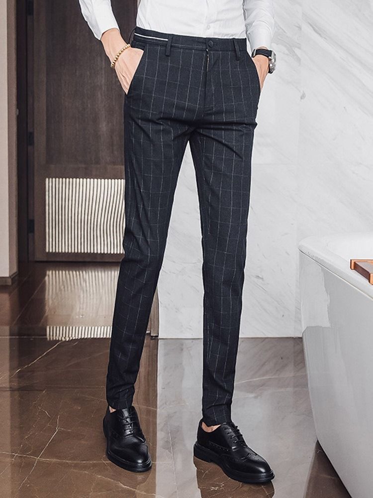Pantalon Décontracté Pour Hommes À Taille Moyenne Et Poches À Carreaux