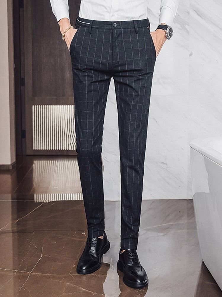 Pantalon Décontracté Pour Hommes À Taille Moyenne Et Poches À Carreaux