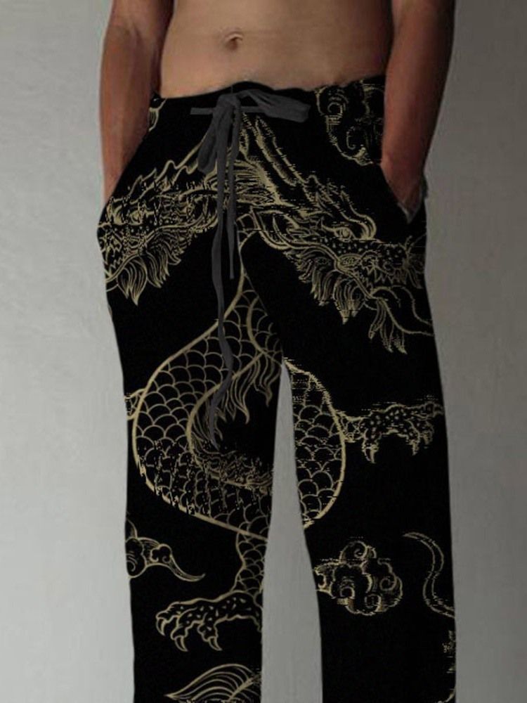 Pantalon Décontracté À Lacets Et Imprimé Dragon Pour Hommes