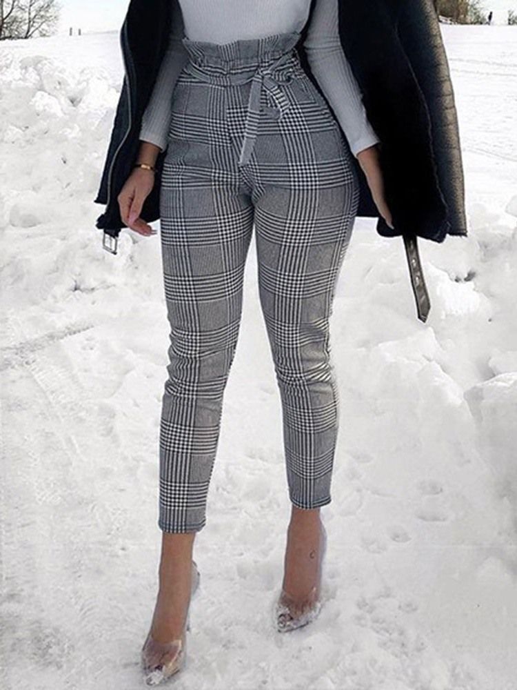 Pantalon Sarouel Imprimé Pied-de-poule Mince À La Cheville Pour Femme