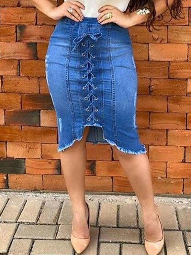 Jupe Asymétrique En Denim À Lacets Uni À Taille Moyenne Pour Femmes