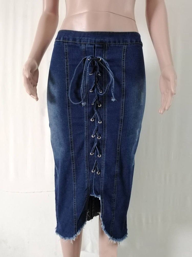 Jupe Asymétrique En Denim À Lacets Uni À Taille Moyenne Pour Femmes