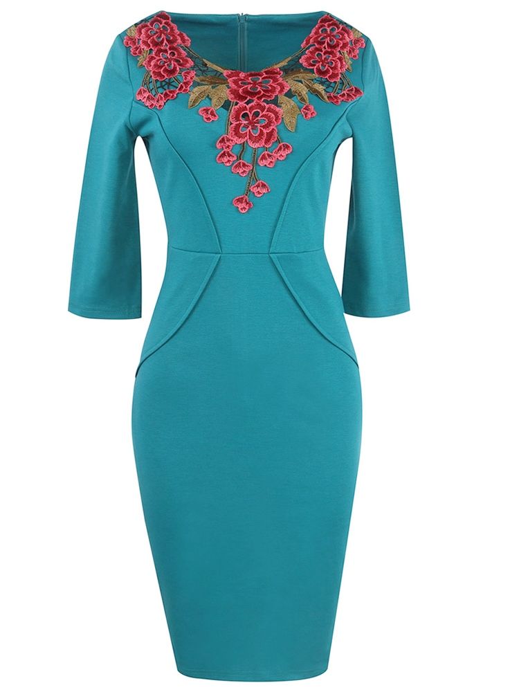 Haut De Broderie De Fleurs Pour Femmes Robe Moulante À Manches 3/4